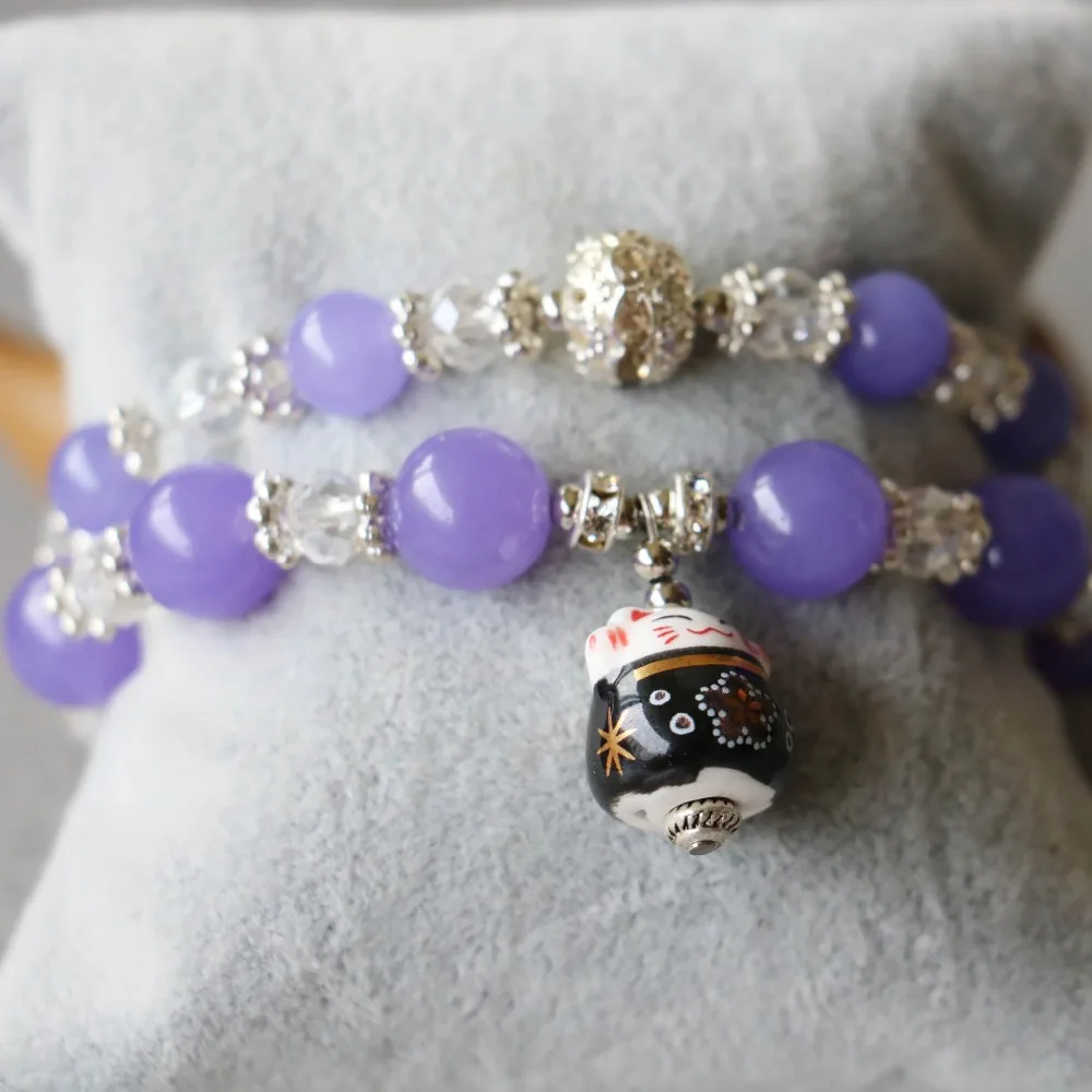 Новый браслет 8 мм с фиолетовыми кристаллами керамический кулон в виде кота