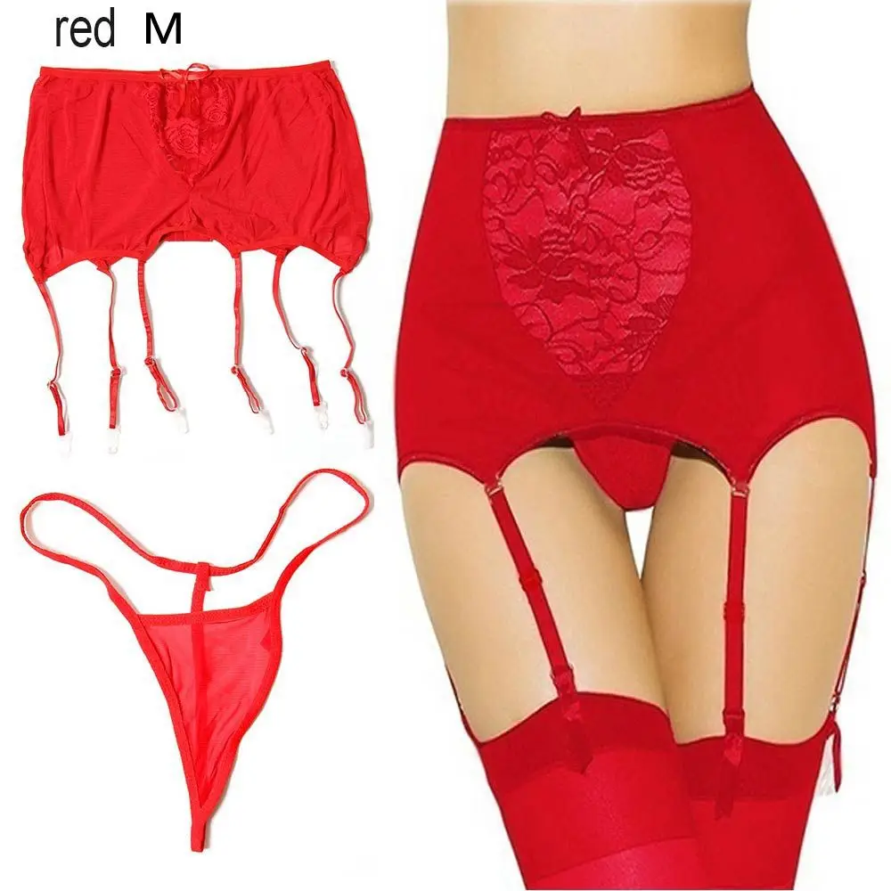 red M Женская мода Сексуальная Babydoll Высокая Талия Кружева полые Подвязки Пояс+ стринги бедра высокие подвязки набор - Цвет: red M