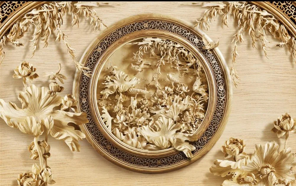 3d настенные фрески домашний Декор 3D резьба по дереву Лотос современные обои для