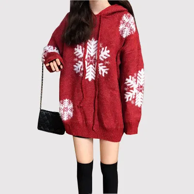 2018 autumn and winter new snowflake hooded lace pullover sweater Christmas loose red female | Женская одежда
