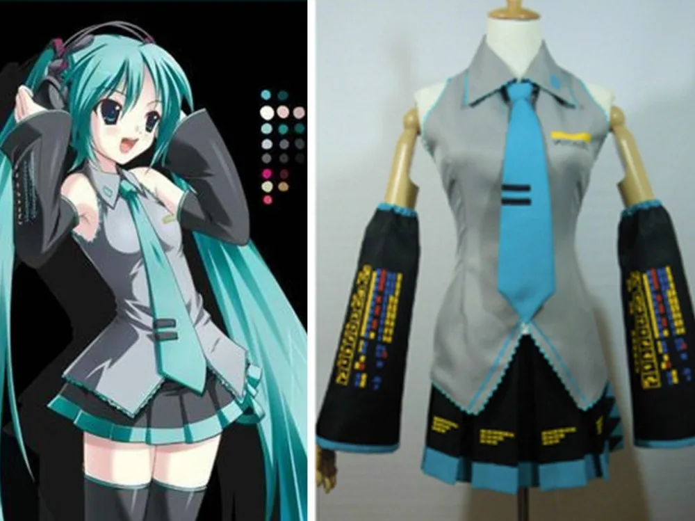 Высокое качество Полный комплект Vocaloid косплей Хацунэ Мику костюмы для косплея аниме Хэллоуин Харадзюку миди платье комикс-кон Вечерние