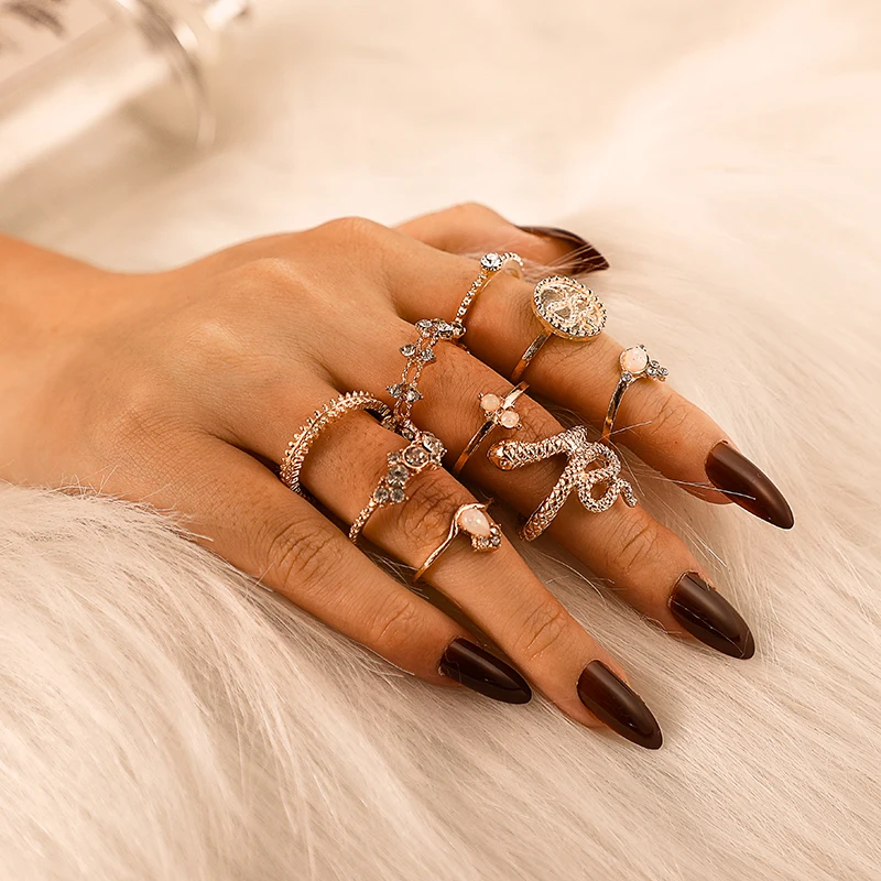 Docona 9 шт./компл. Boho золото, украшенные разноцветными кристаллами под змеиную кожу с геометрическим рисунком костяшки Миди кольцо комплект ювелирных изделий для Для женщин Свадебная вечеринка украшения Anillos 7054