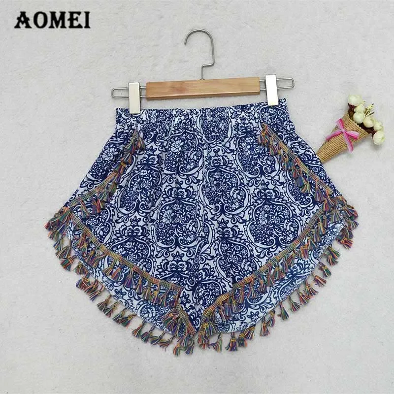 Женские летние шорты с принтом эластичной резинкой на талии бахромой в богемном