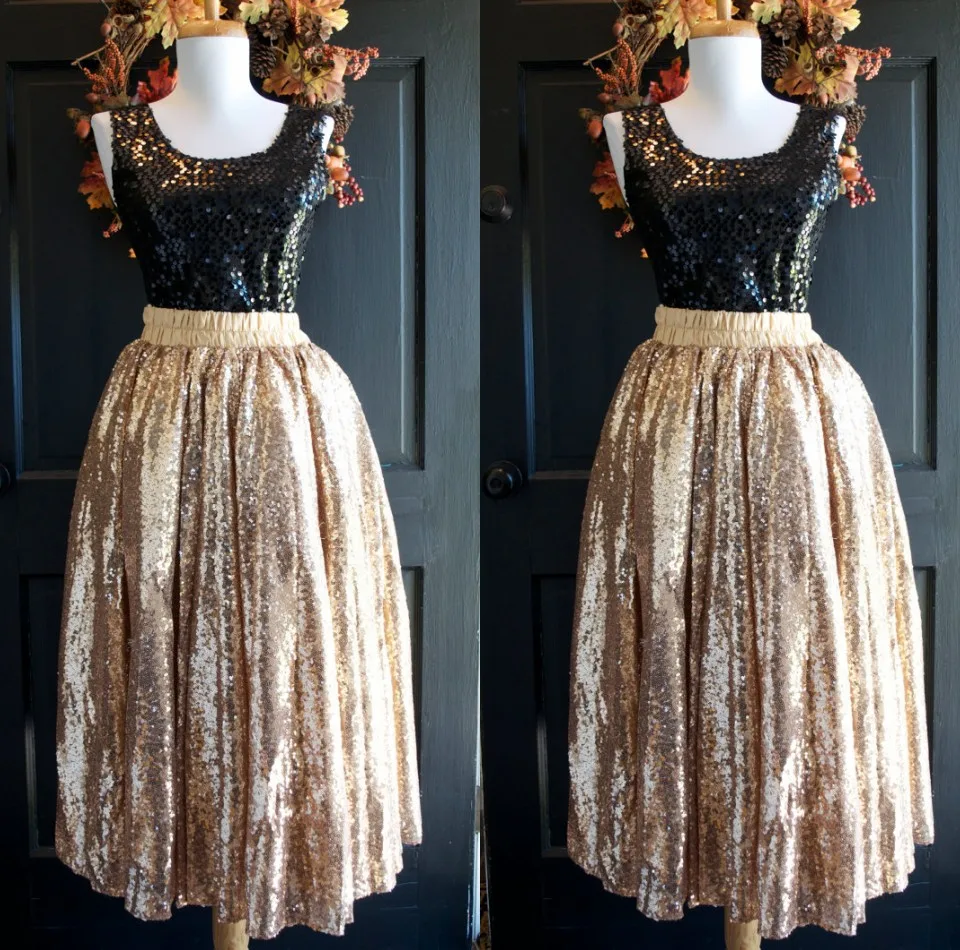 Женские блестящие юбки с пайетками золотого цвета длиной до середины икры