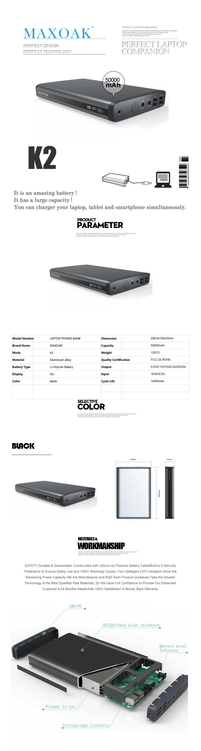 MAXOAK power bank 50000 мАч 6 выходных портов DC12V/2.5A DC20V/5A портативное зарядное устройство для ноутбука, ноутбука, планшета, мобильного телефона