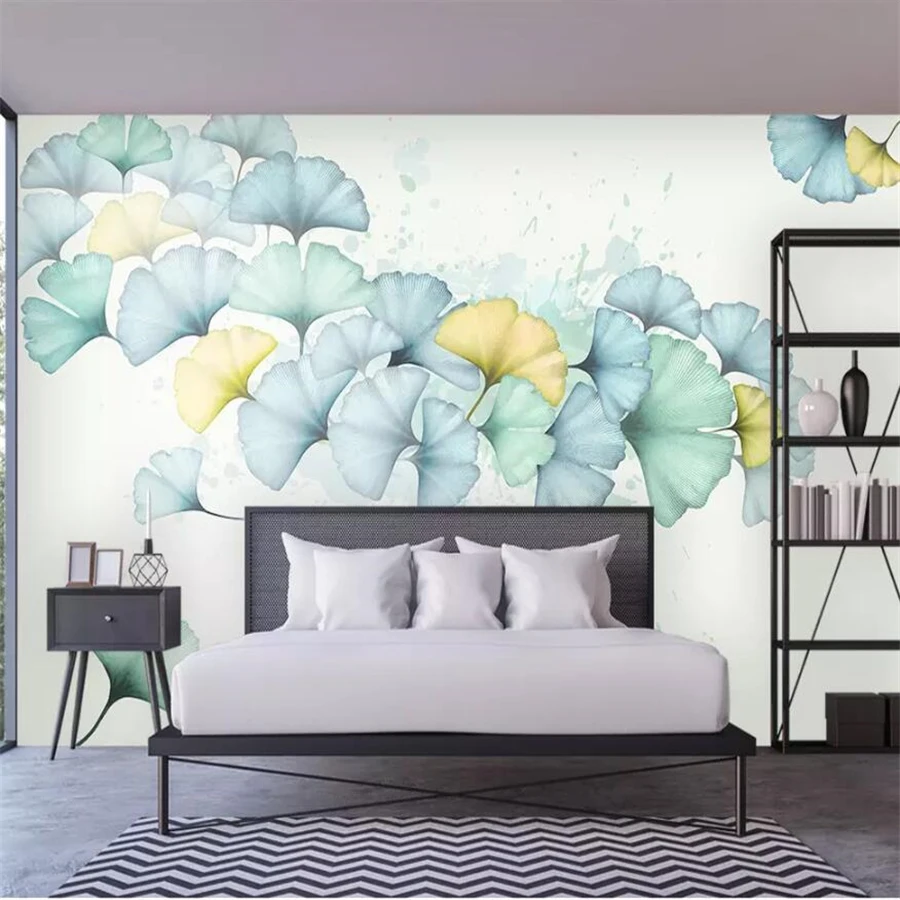 

beibehang papel de parede Custom wallpaper 3d mural modern minimalist hand-painted ginkgo leaf watercolor bedroom wall paper 3d