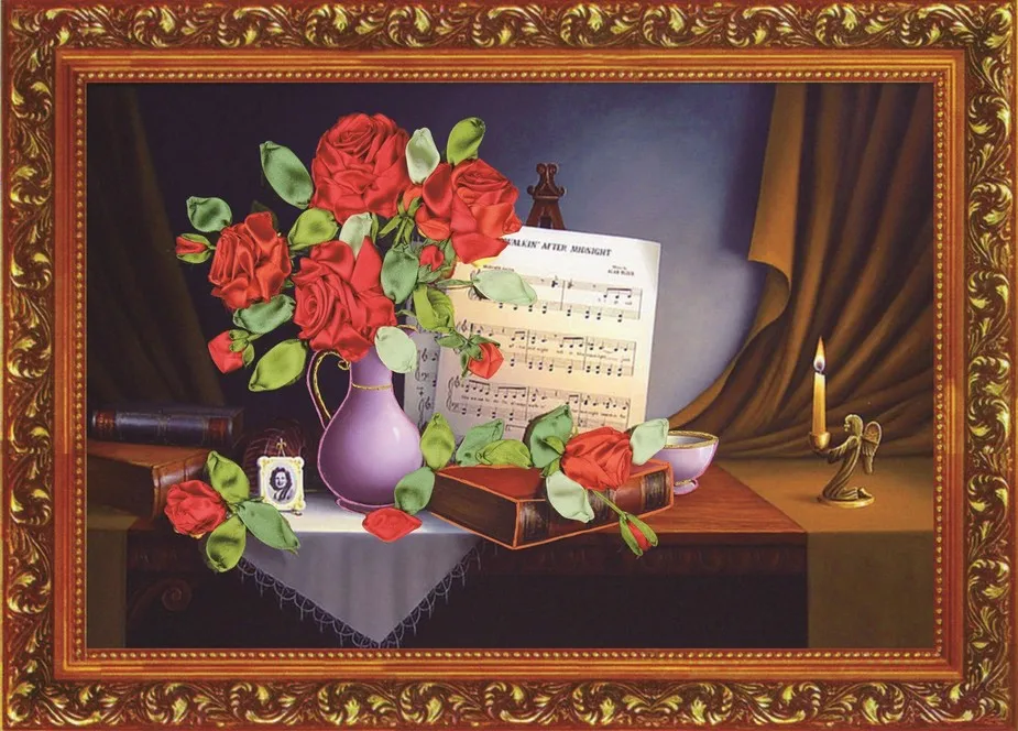 3D flower 55x40cm Чистый запас очень дешево, Набор для вышивки лентами, набор розовых цветов, пятнистый набор для рукоделия, сделай сам, ручная работа, рукоделие, искусство, домашний декор - Цвет: 3D flower 55x40cm