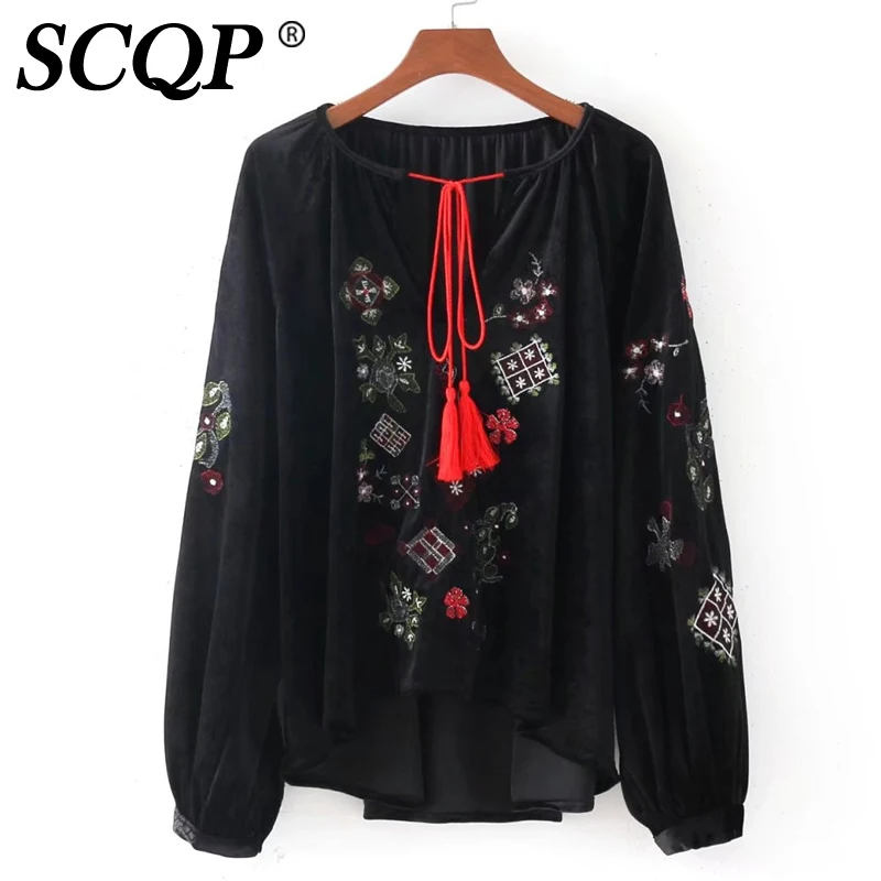 SCQP Черный цветочной вышивкой блузка кисточкой весна корейский стиль Для женщин с