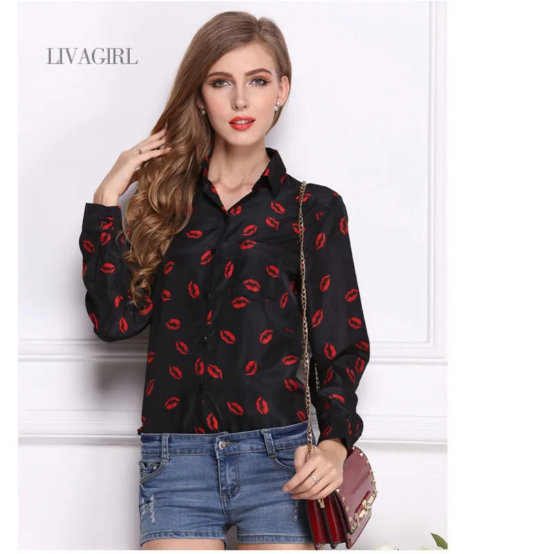 Женская блузка с принтом губ отложным воротником офисная длинным рукавом шифон