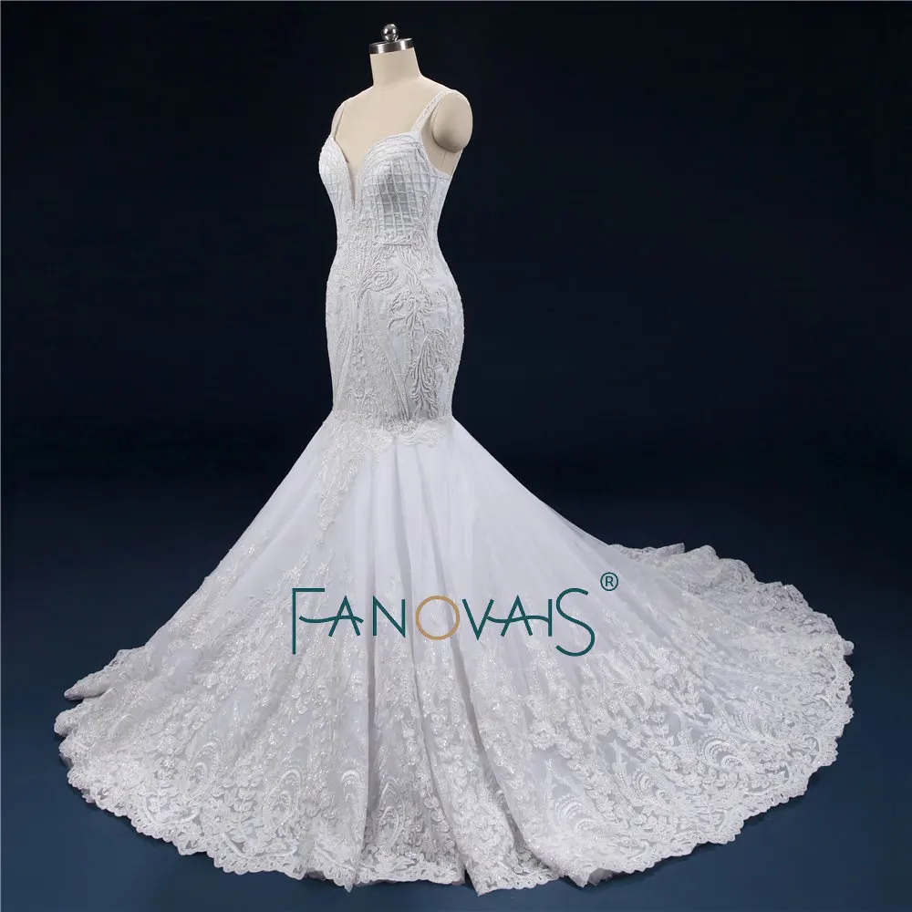 Luxury Pearls Wedding Dresses Lace Gelinlik Long Train Vestido De Novia 2019 Spaghetti Straps Bridal Gowns