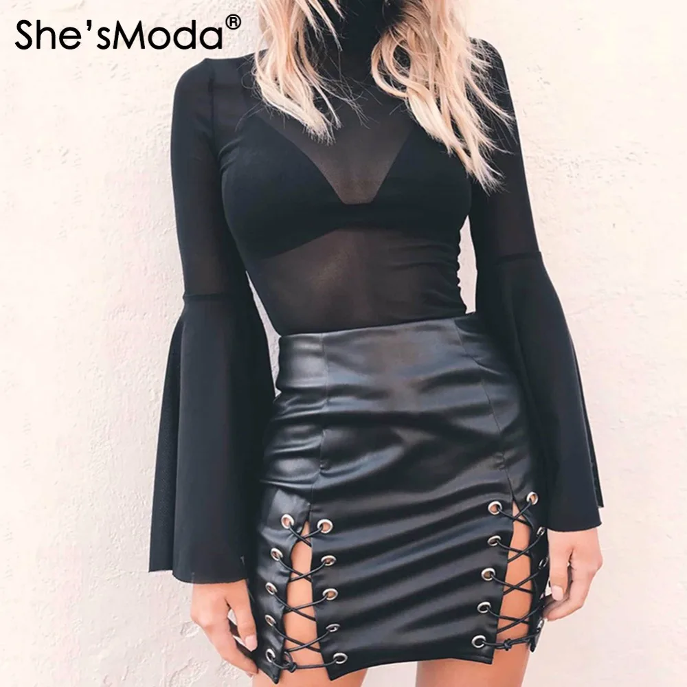 Женская прямая вечерние-юбка She'sModa из искусственной кожи со шнуровкой | одежда