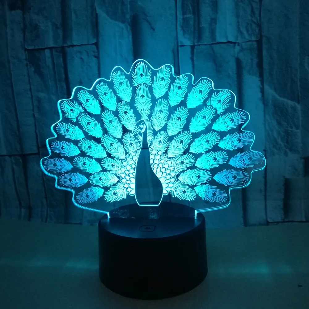 Павлин 3d лампа семь цветов Изменение 3D Led визуальный подарок маленький ночник
