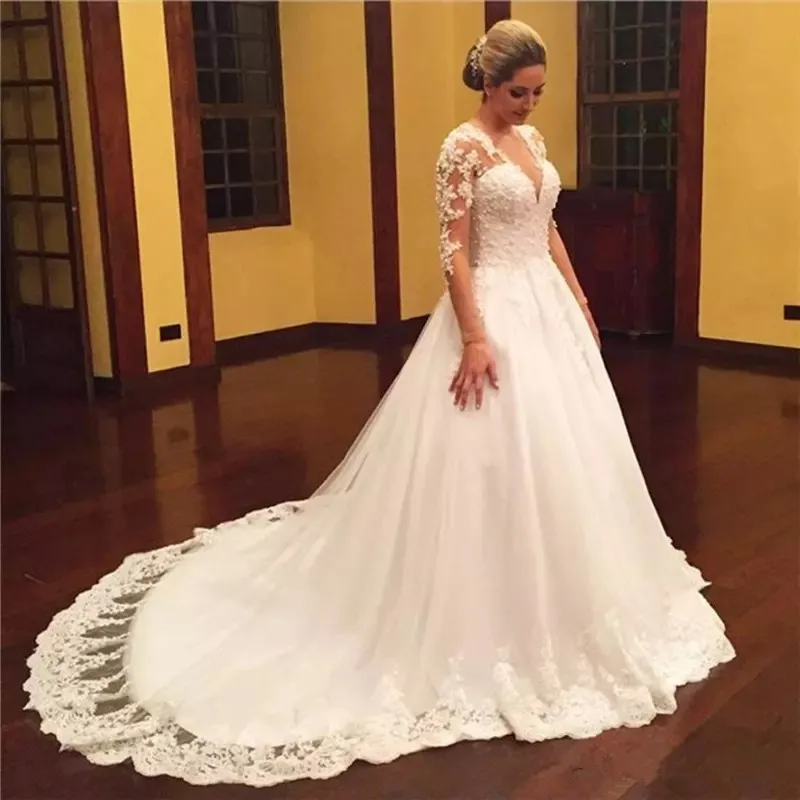 

Robe De Mariee 2019 Wedding Dresses Long Sleeves V Neck Lace Elegant Bride Dress Wedding Gown Vestido De Novias Casamento