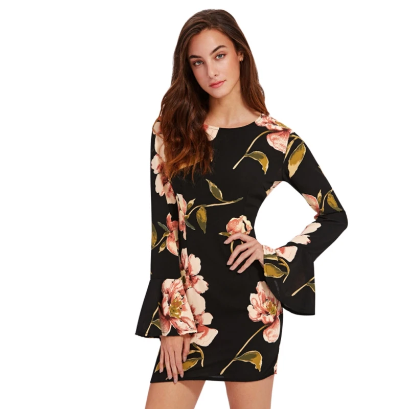 Женское платье с расклешенным рукавом и цветочным принтом элегантное мини