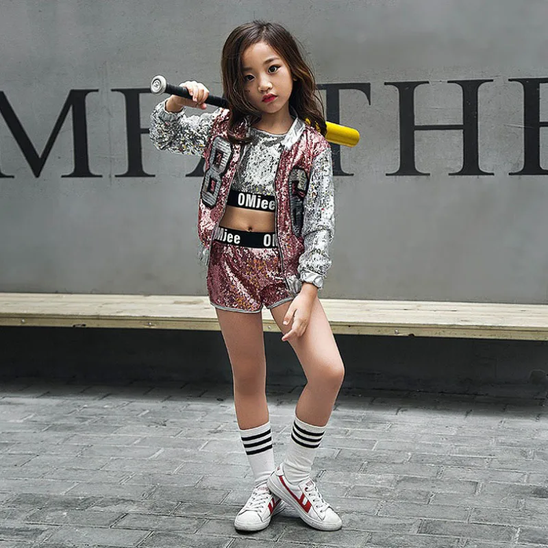 children girl Hip Hop Costume sequins glitter jazz street dance baseball clothes coat pants T-shirt kid pink silver |