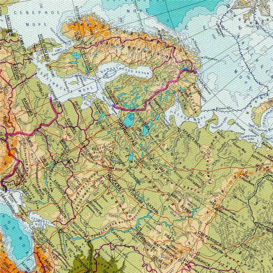 Детальная физическая карта России географический рисунок изысканный дизайн для