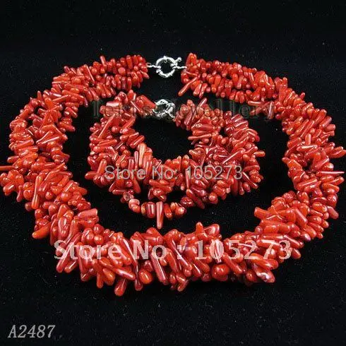 Потрясающий! 4 ряда Красный коралл ожерелье браслет ювелирный набор AA 2 12 мм