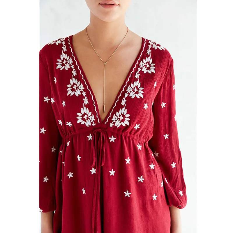 Boho Макси платье 2017 Новинка глубокий v образный Вырез эластичный пояс цветочный