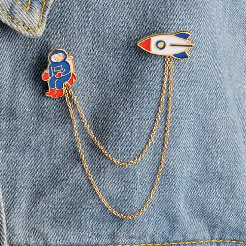 Timlee X027 Free shipping Originality Cute Drip Oil Astronaut Rocket Chain Alloy Brooch Pins Fashion Jewelry Wholesale | Украшения и
