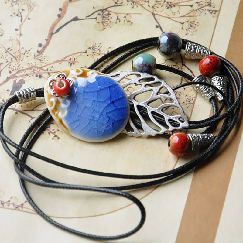 Длинные цепочки ожерелье керамический синий цвет бусы подвески чокер полые