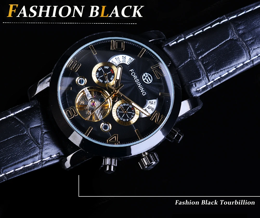 Forsining Tourbillion модные волны черный золотой часы многофункциональный дисплей Мужские автоматические механические часы лучший бренд класса люкс