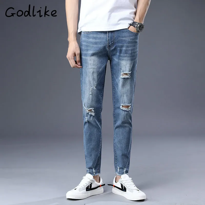 Новые мужские синие джинсы Узкие рваные стрейч ультра тонкие бедра хипстер
