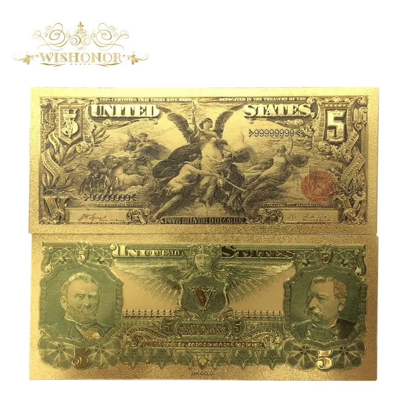 

7pcs/lot New Products 1896 Series America Gold Banknotes USD 1 2 5 Dollar Banknotes in 24k Gold Fake Paper Money For Collection