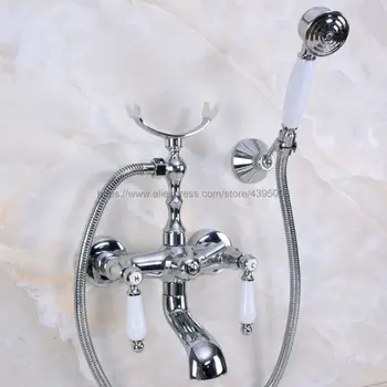 Polished Chrome Dual Handles Bathtub Faucet Wall Mounted Swive Spout with Handshower Tub Mixer Tap Bna236
