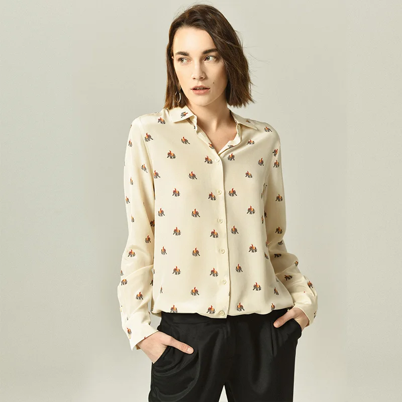 

100% High Quality Silk Blouse Women Shirt Elephant Printed Turn-down Collar Long Sleeves Translucent Fabric New Fashion 2019