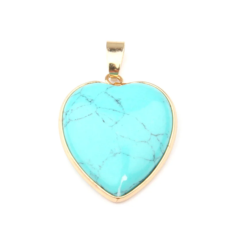 Blue Turquoise Натуральный Камень Подвески в виде сердца Агаты тигровый глаз Подвески Для Изготовление Ювелирных ожерелий 3,5*2,4*0,7 см - Окраска металла: Blue Turquoise