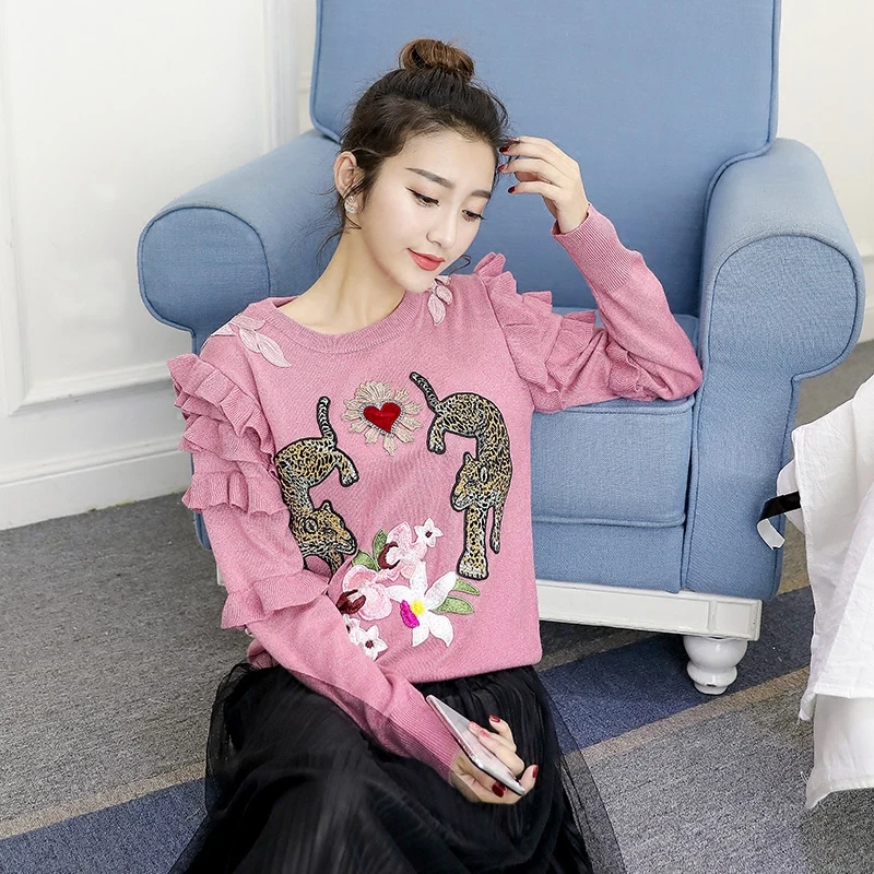 Luxury Embroidery Sweater 2019 Autumn Winter Women's Long Sleeve Flower Animal Heart Ruffles Knitted Pullovers And Sweaters | Женская