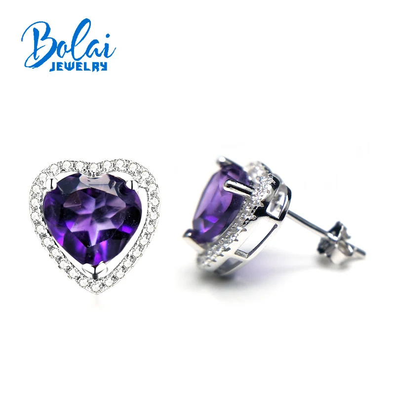 Bolaijewelry, в форме сердца сладкий романтический натуральный Африка серьги из драгоценных камней аметист 925 стерлингового серебра ювелирные украшения для женщин