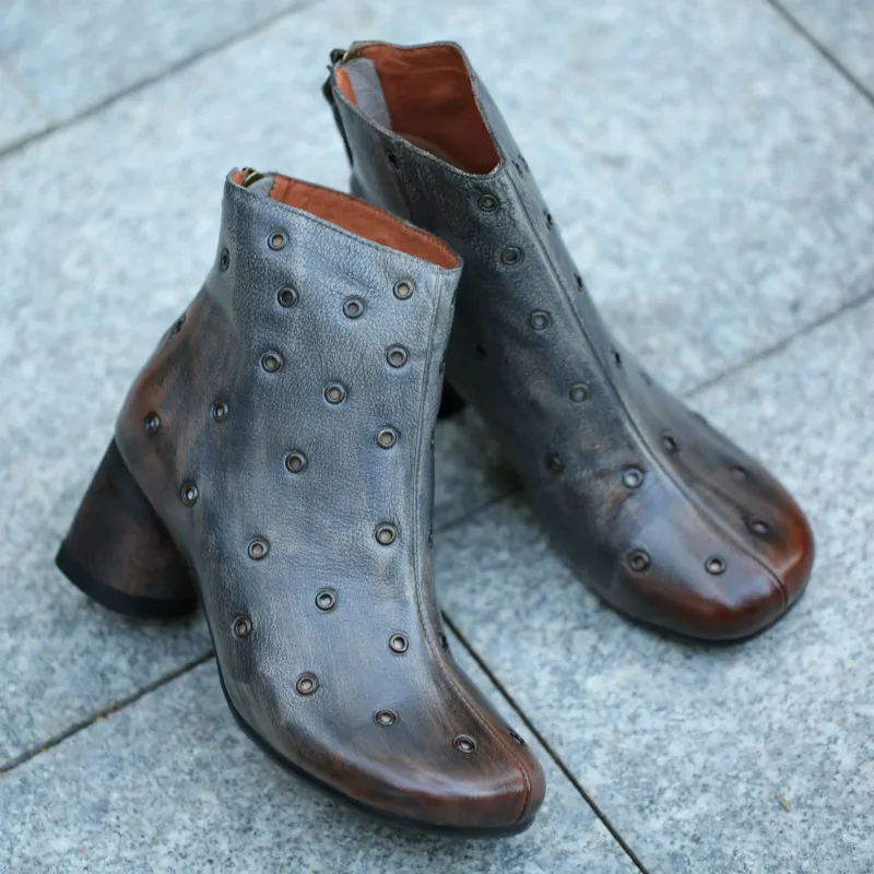 Женские ботинки Martin из натуральной кожи Серые ботильоны на высоком каблуке с