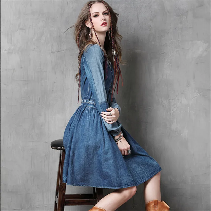 Винтажное хлопковое женское платье Ковбойское с вышивкой Длинные рукавами