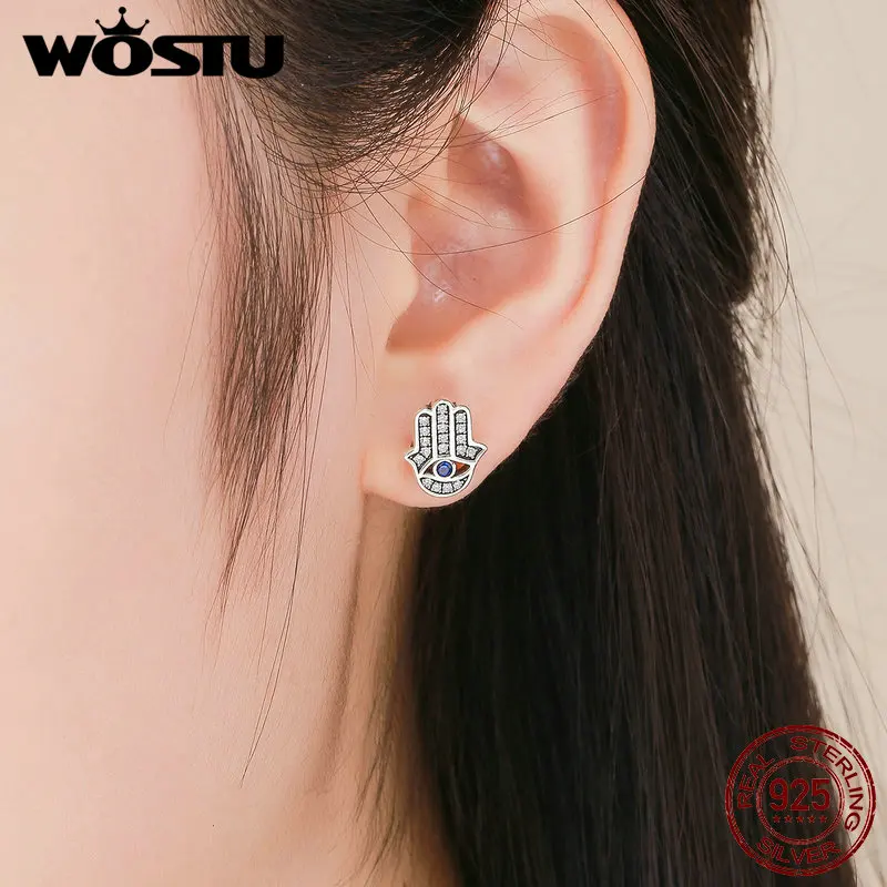 WOSTU Настоящее 925 пробы серебряные Винтажные серьги-гвоздики Рука Фатимы Хамса для женщин бренд Lucky Jewelry подарок CQE389