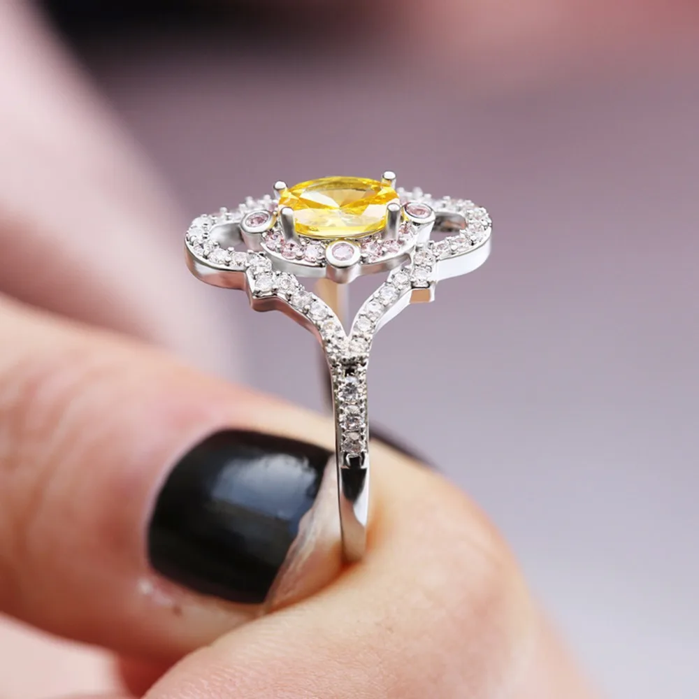 Female Gold Plating Oval Double Colors Green Yellow Zircon Big Flower Surface Ring Full Rhinestone Wedding Engagement Jewelry | Украшения и