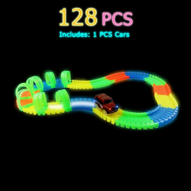 128 pcs with 1car Светящийся гоночный трек набор 5 светодиодный светильник трек тележка на колесах гибкий светящиеся треки игрушка 162/165/220/240 гоночной трассе гибкий ж/д светодиодный автомобиль - Цвет: 128 pcs with 1car
