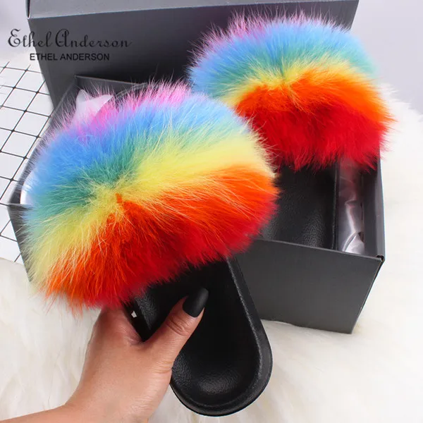 Colorful Fox Fur ; тапочки с натуральным лисьим мехом; женские сланцы с мехом енота; модные пушистые меховые сандалии; повседневная обувь - Цвет: Colorful Fox Fur