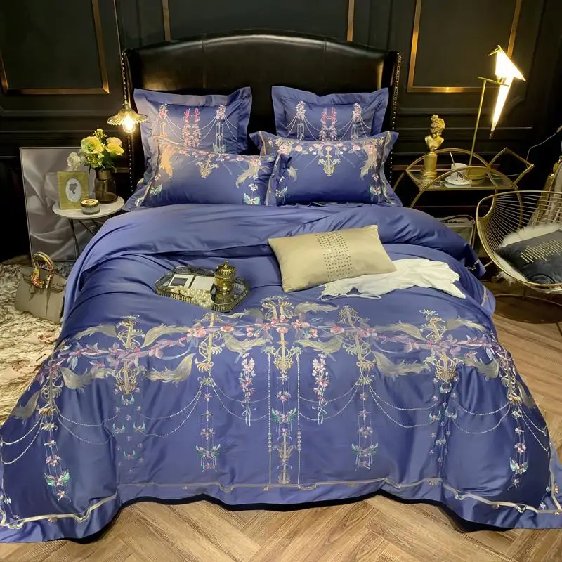 Ультра мягкий египетского хлопка Темно-синие постельных принадлежностей queen King size 4/7 шт. Премиум вышивка пододеяльник простыня - Цвет: Color 2