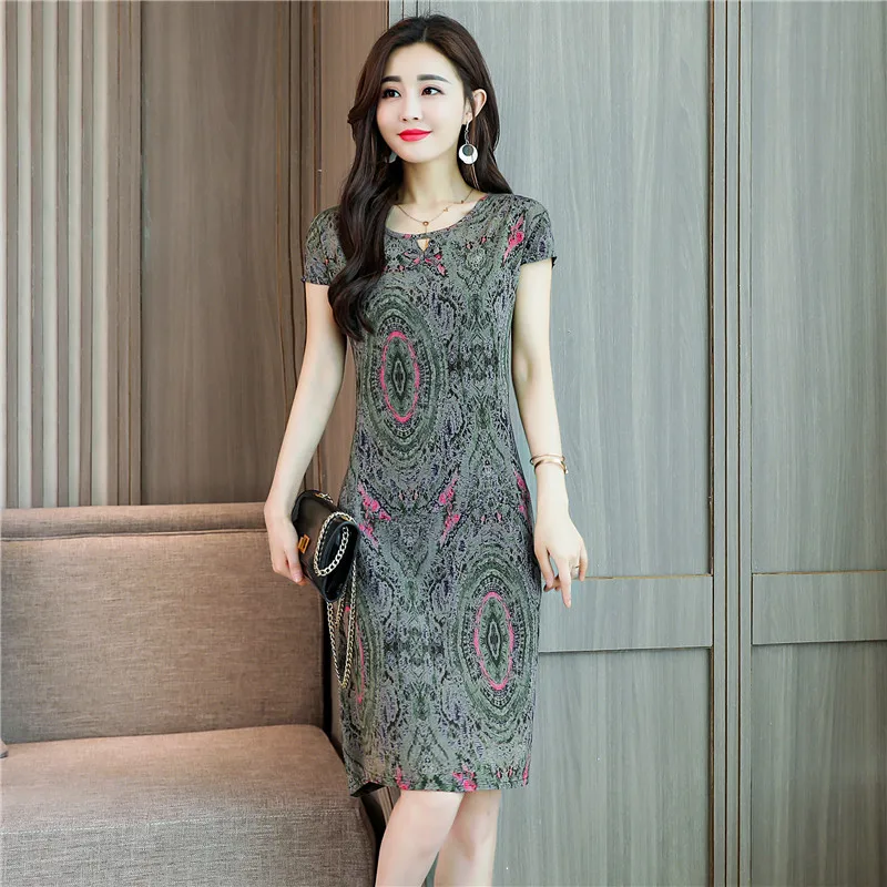2019 Summer Middle-aged Mother Loose Comfortable Ccotton Print Round Neck Short Sleeve Plus Size 5XL Beach Mid-length Dress | Женская
