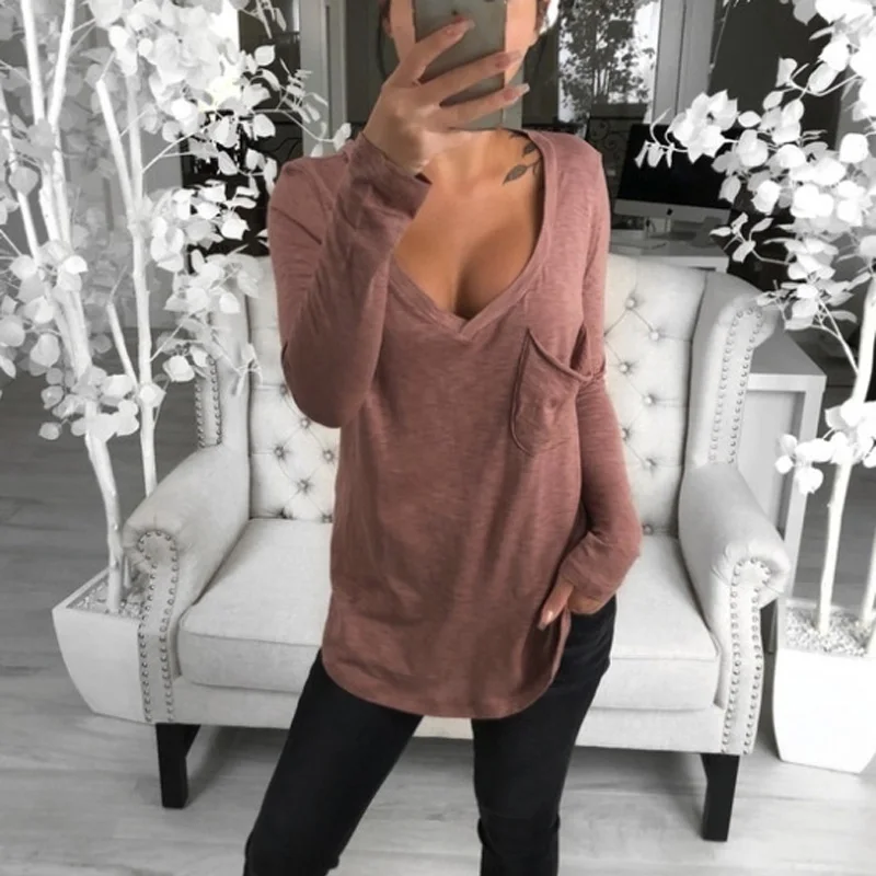 A Forever 2019 Spring Hot Sale Casual Tops Women T-Shirt Deep V-Neck Tees Long Sleeve With Pocket Loose Bottoming M-1074 | Женская