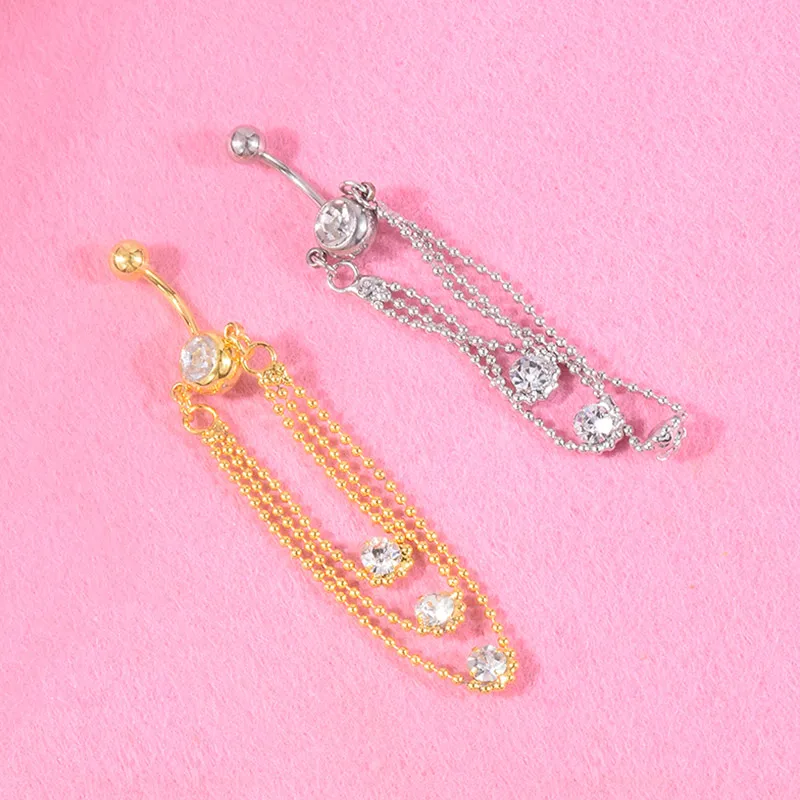 Кольцо для пупка со стразами инкрустация кисточкой гипоаллергенная цепочка