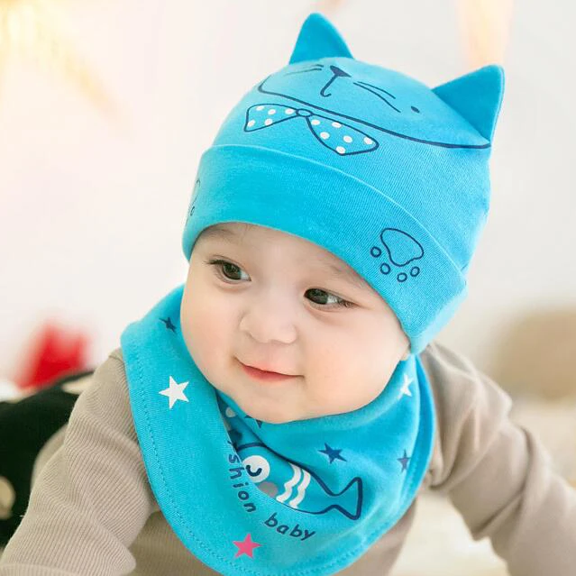 Blue Set HPBBKD шапка для новорожденного ребенка набор 2 шт./лот детские шапки Хлопок Детские шапочки детская шапка Девочки Мальчики нагрудник Детский шарф Детский набор из шапки и шарфа GH615 - Цвет: Blue Set