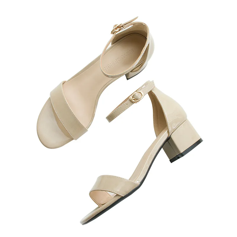 

2021 summer New 4CM high heels Patent leather Women's shoes Thick with Word buckle mid heel sandals