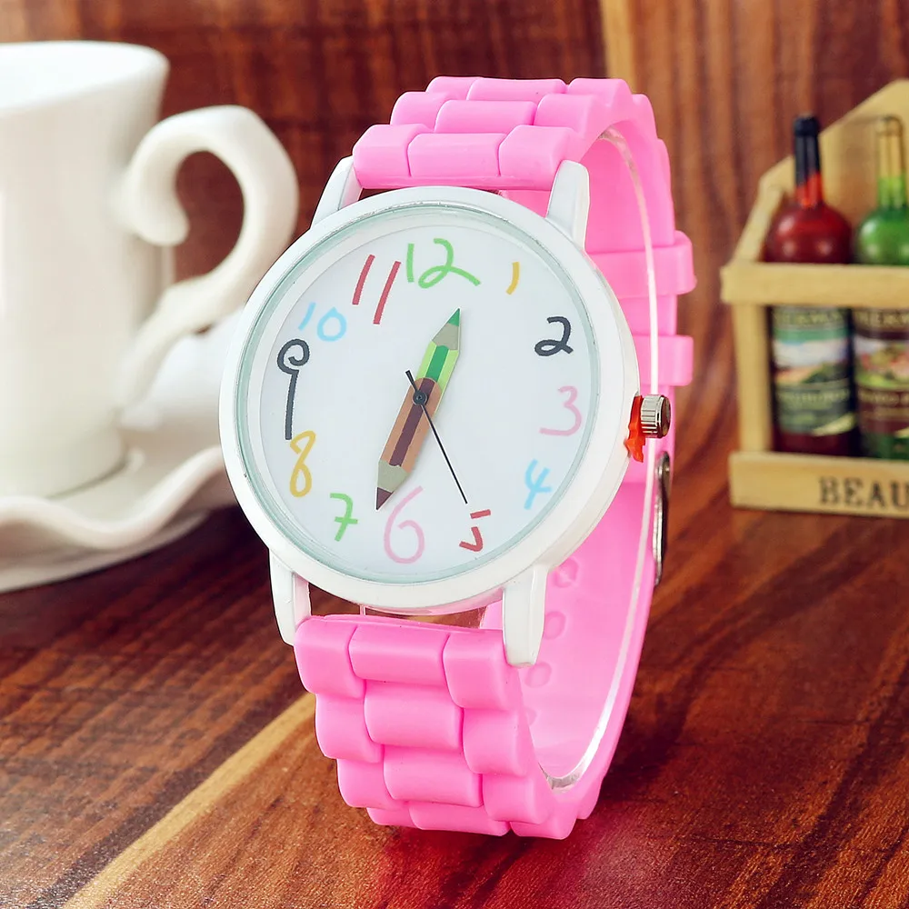 Silicone Candy Color Student Quartz Watch Girls Clock Fashion Pencil Pointer Wristwatches Children Cartoon Kids Gift Watches