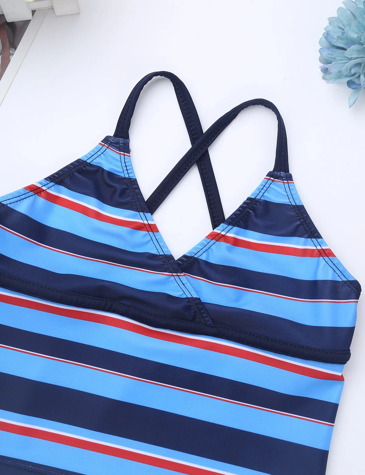 TiaoBug Kids Teens Tankini Spaghetti Straps Striped Swimsuit Swimwear Tops Bottoms Bikini Set Children Girls Beach Bathing Suits