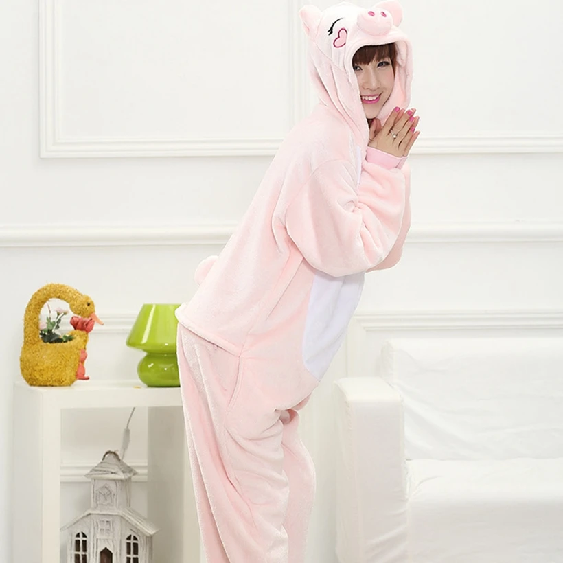 

Adult Kigurumi Onesie Anime Women Costume Pink Pig Halloween Cosplay Cartoon Animal Sleepwear Winter Flannel Hooded Pajama