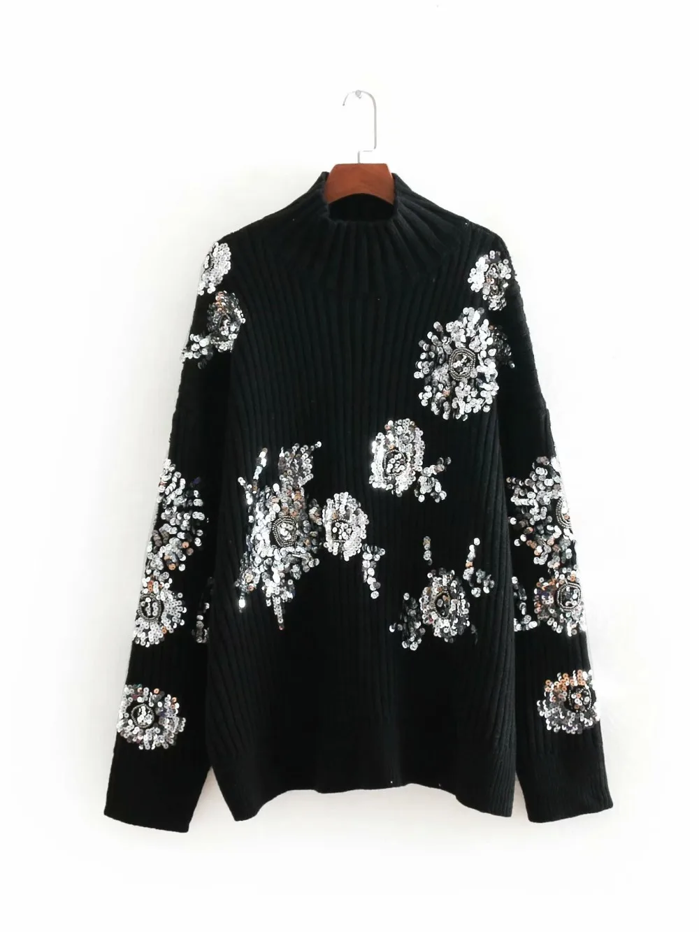 Cakucool Beading Knit Tops Women Long Sleeve Turtleneck Sequined Sweaters Floral Embroid Shiny Jumpers Sweater Pullovers Female | Женская