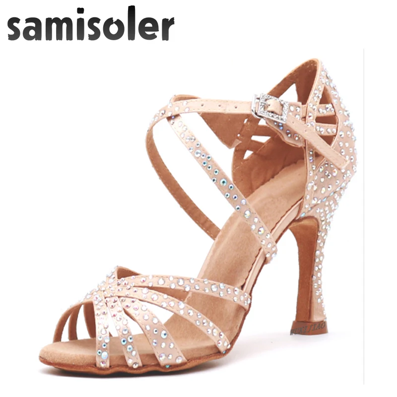 Samisoler Latin Dance Shoes Women with Black Satin tango jazz Salsa Rhinestone Shoes Dance For Women Ballroom Dancing Shoes Hig