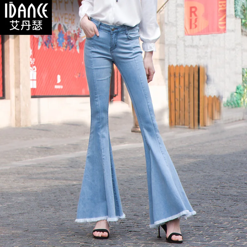 Free Shipping 2021 New Fashion Long Jeans Pants For Women Flare Trousers 24-32 Size Denim Summer Long Stretch Light Blue Jeans